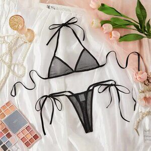 NWT Black Sheer Mesh Extreme Micro Triangle Top & Thong G-String Bottom Swimsuit